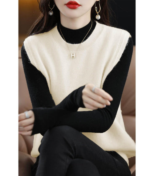 Ailaile Knitted O-Neck Vest Women's Sweater 100% Merino Wool Sleeveless Pullover