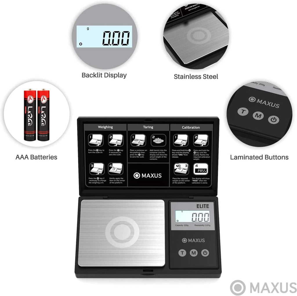 MAXUS Digital Pocket Gram Scale 500g x 0.01g High Precision with Tray, Weighs