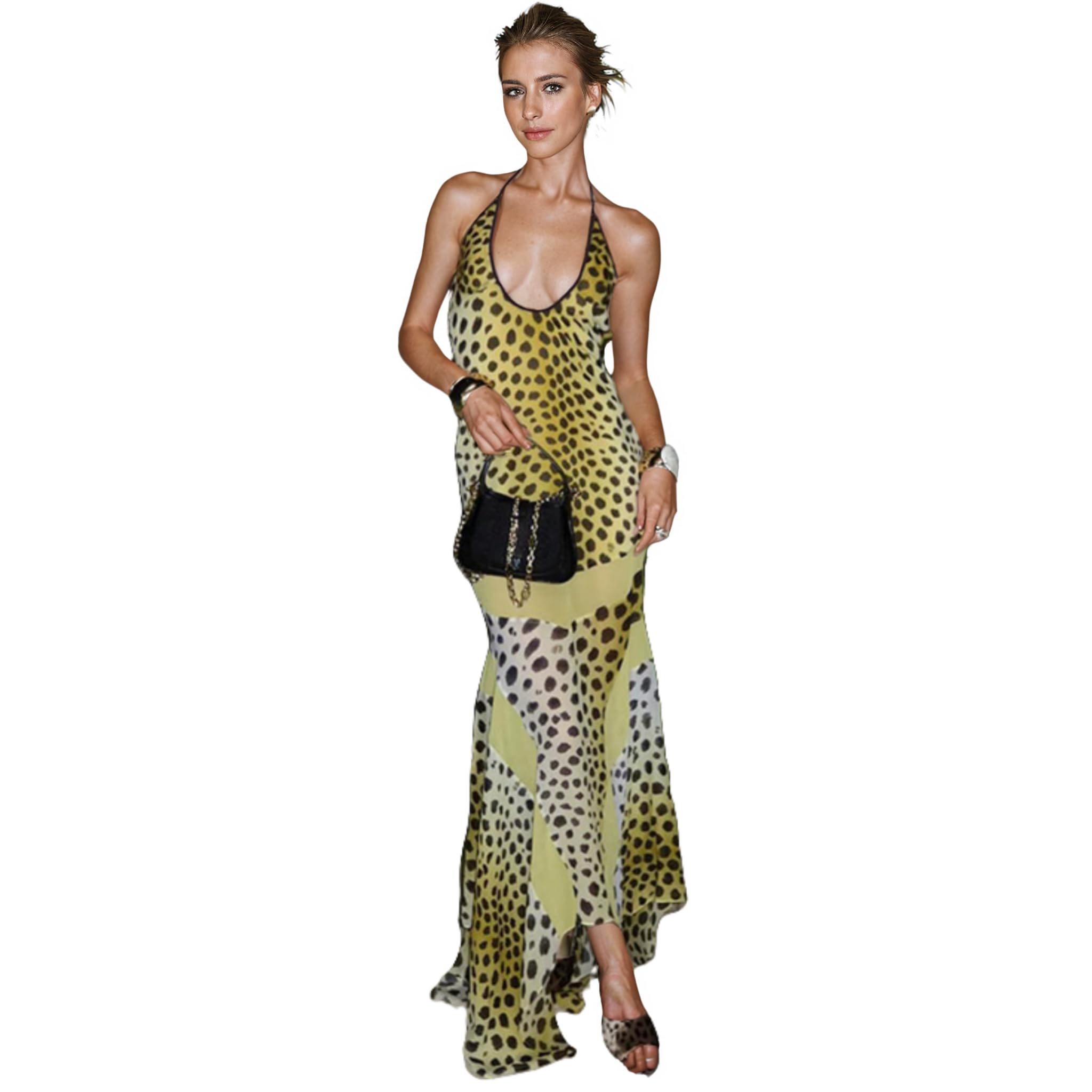 Caviotess Women’s Sexy Halter Backless Leopard Print Maxi Dress Irregular Hem