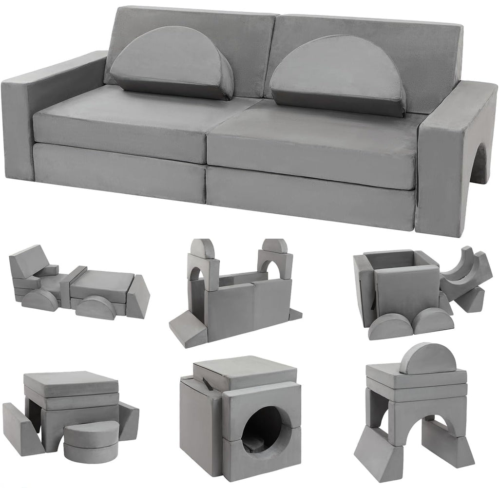 TROOPVILLE Modular Kids Play Couch, Fort Building Kids Couch for Room, Toddler Sofa That Folds, Grey