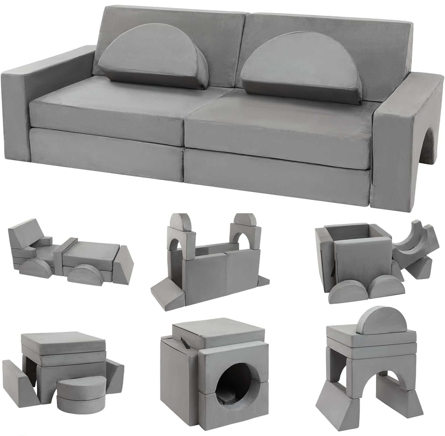 TROOPVILLE Modular Kids Play Couch, Fort Building Kids Couch for Room, Toddler Sofa That Folds, Grey