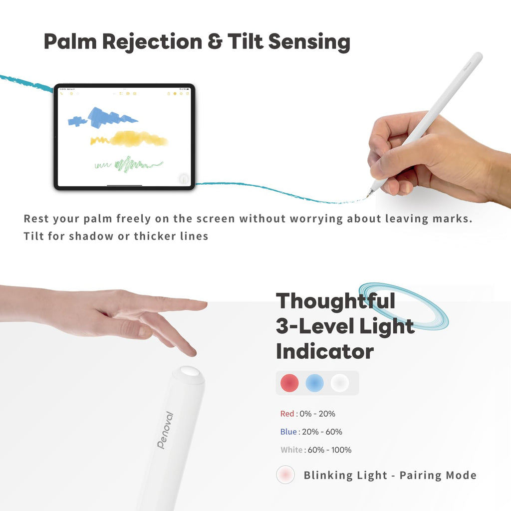 Penoval Stylus Pen for iPad Magnetic Wireless Charging, Pencil Shortcut Button,
