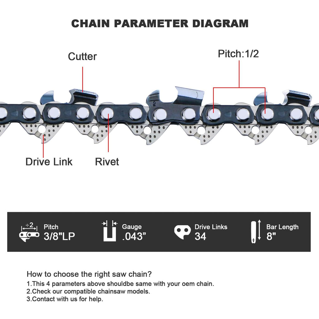V-MODEST 3-Pack DeWalt Pole Saw Chain 8 Inch 34DL 3/8" LP Pitch .043" Gauge for
