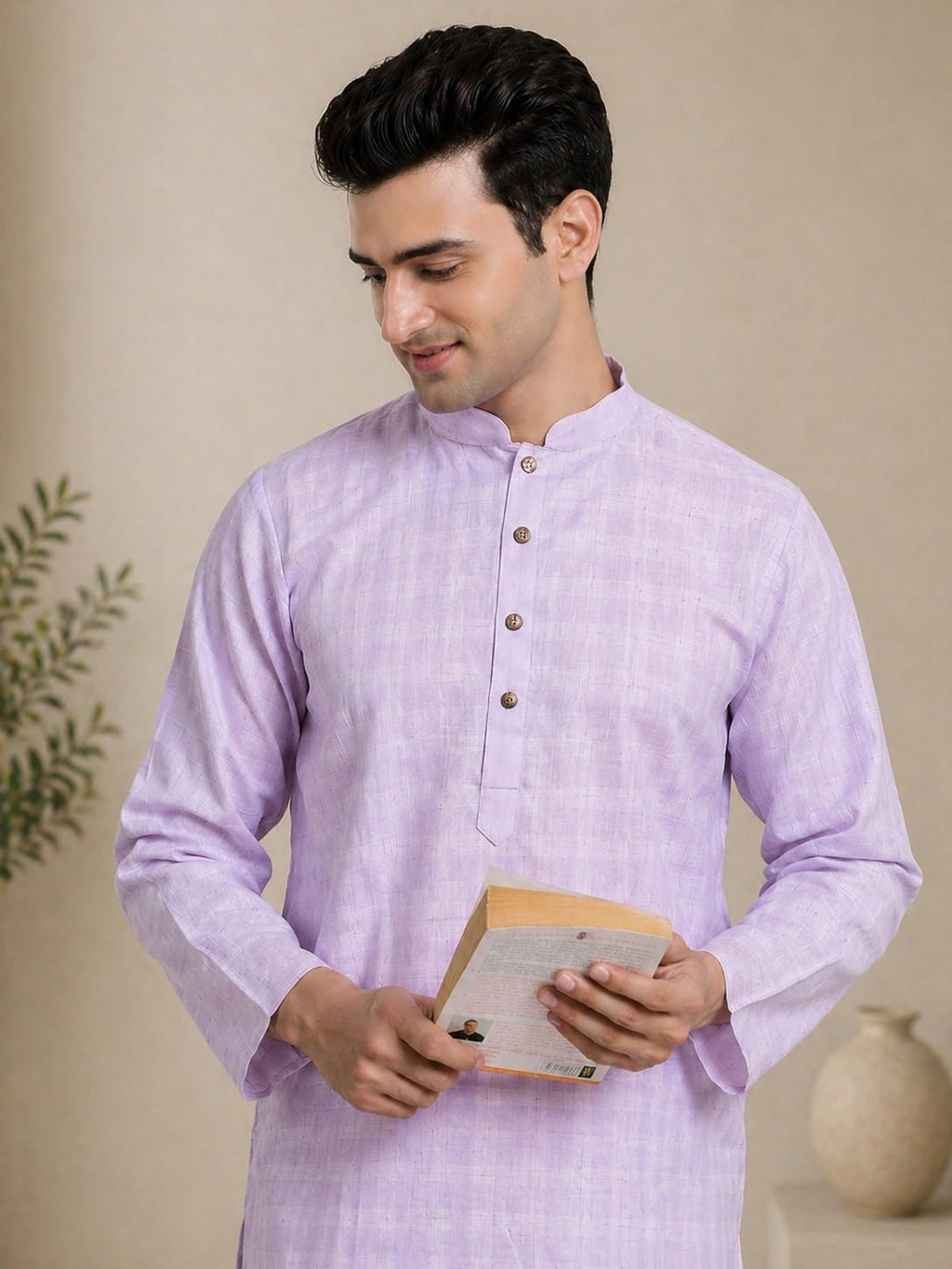 Sojanya (Since 1958 Men'S Cotton Linen Purple Checked Only Long Kurta, Size 40