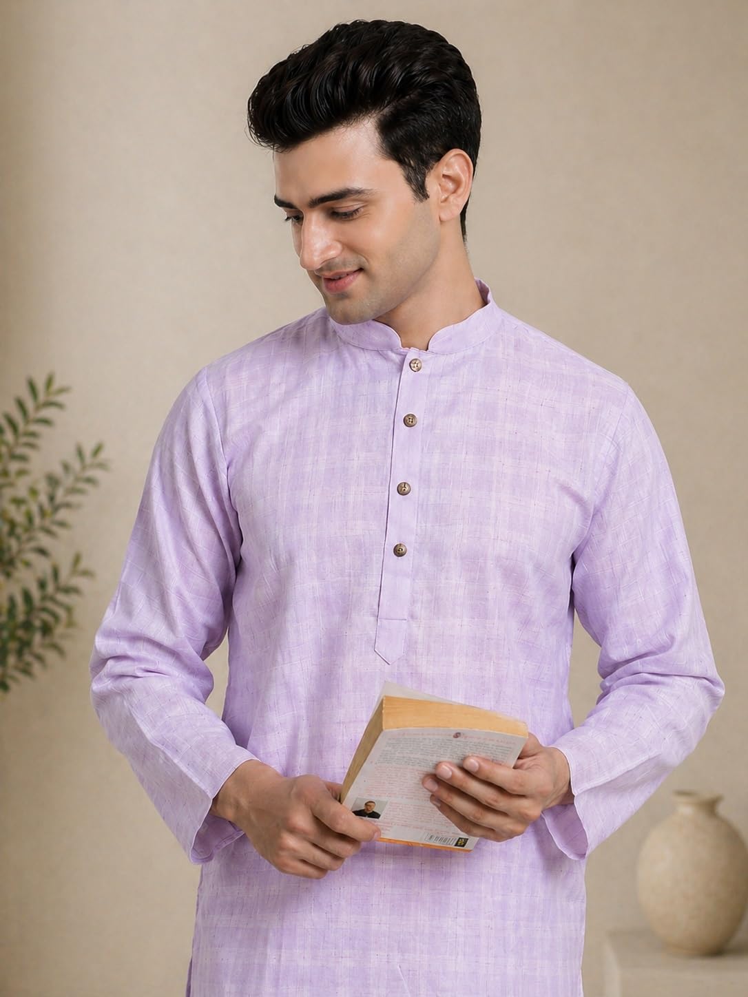 Sojanya (Since 1958 Men'S Cotton Linen Purple Checked Only Long Kurta, Size 40