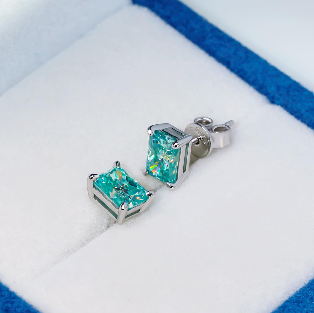 GIGAJEWE Blue Green Color Moissanite Stud Earrings Radiant Cut Moissanite