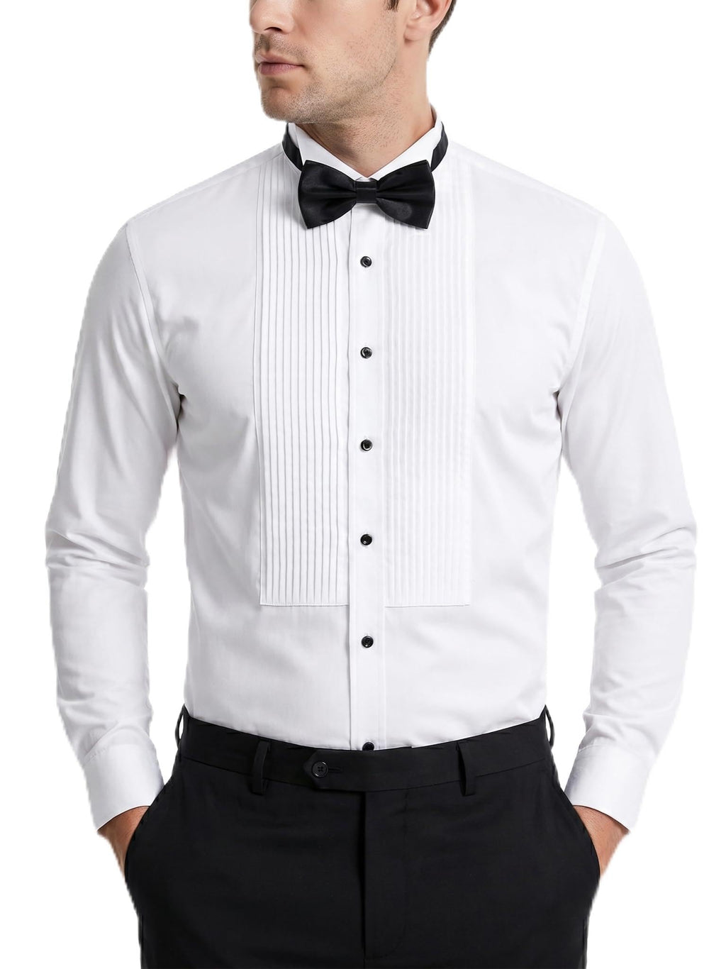 FAHIZO Mens White Tuxedo Shirt Wing Collar French Cuffs Formal Dress Shirt