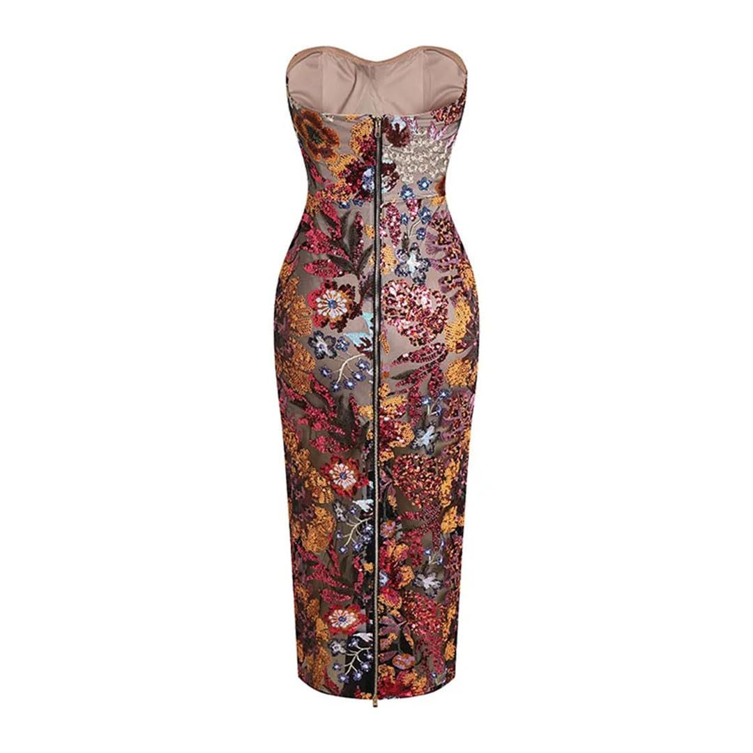 Women's Sexy Off The Shoulder Embroidery Flowers Bodycon Mid-Calf Dress Red L