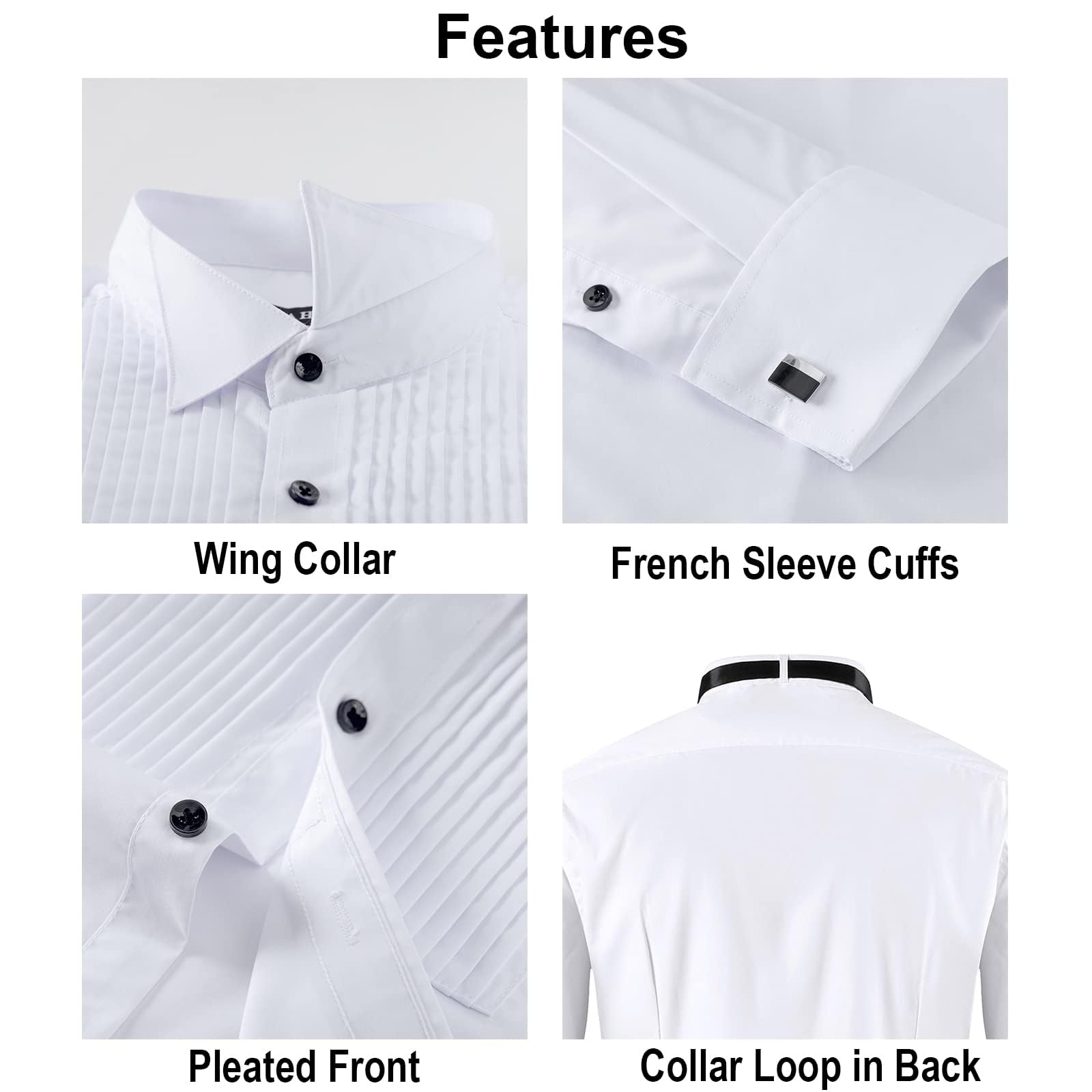 FAHIZO Mens White Tuxedo Shirt Wing Collar French Cuffs Formal Dress Shirt