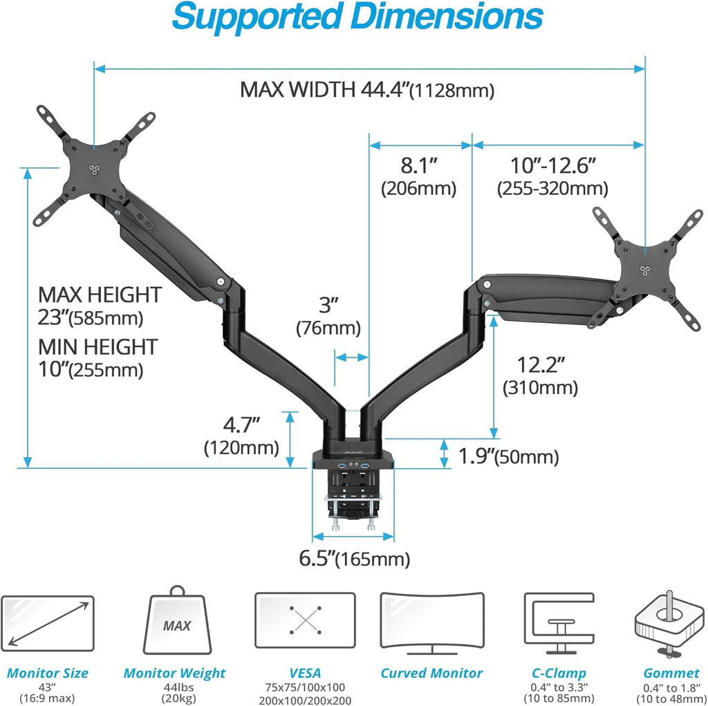 AVLT Dual Monitor Arm Desk Mount 13-43in Full Motion VESA USB Pass Through Black