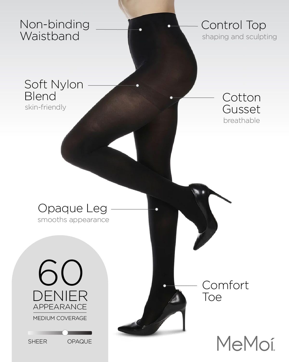 MeMoi 2 Pack Perfectly Opaque Tights, Microfiber Control Top Tights, Comfortable