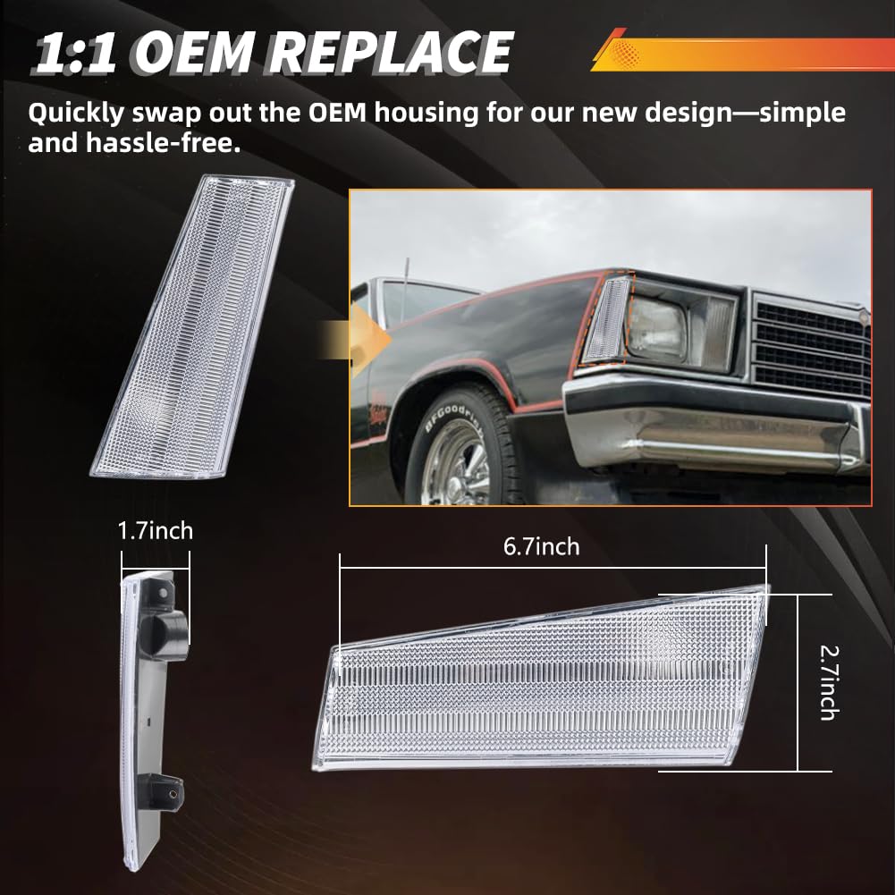 MOTRUM Front Side Marker Lights Housing Compatible with 1978-1979 GMC Caballero, 1978-1979 Chevro-let Malibu/El Camino, [DOT] [IP67 Waterproof] Turn Signal Marker Light Cover [No Bulbs], Clear Lens