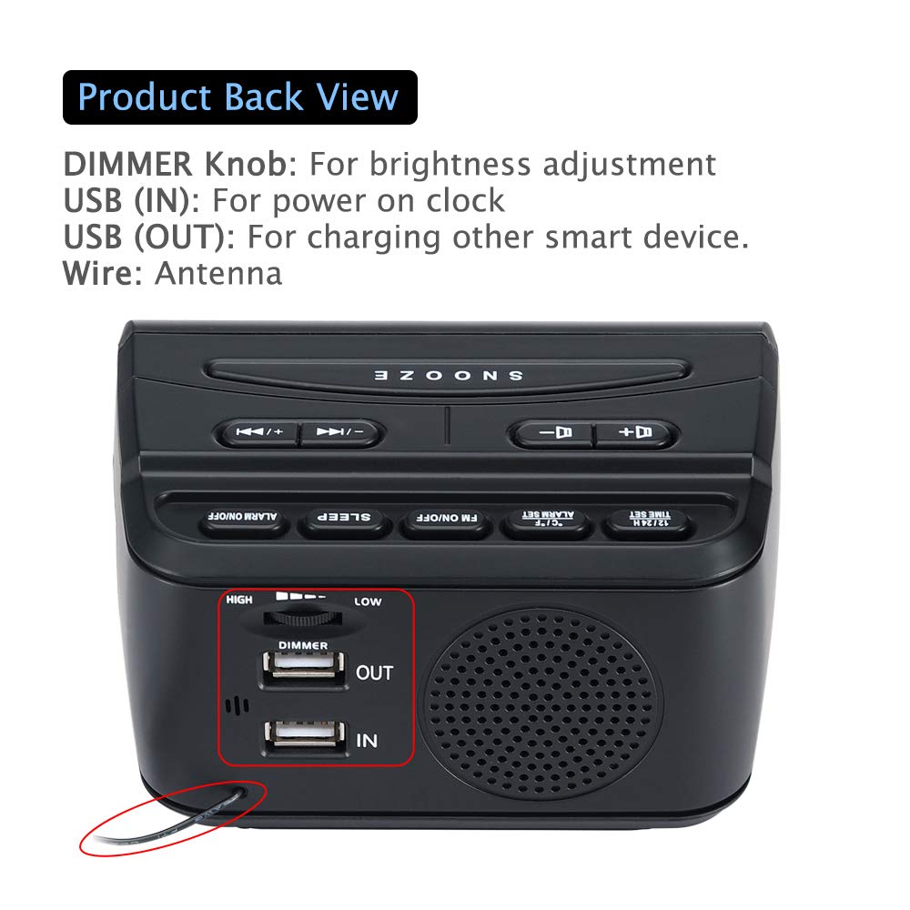 DreamSky Alarm Clock Radio Bedroom Battery Backup Large Display USB FM Snooze