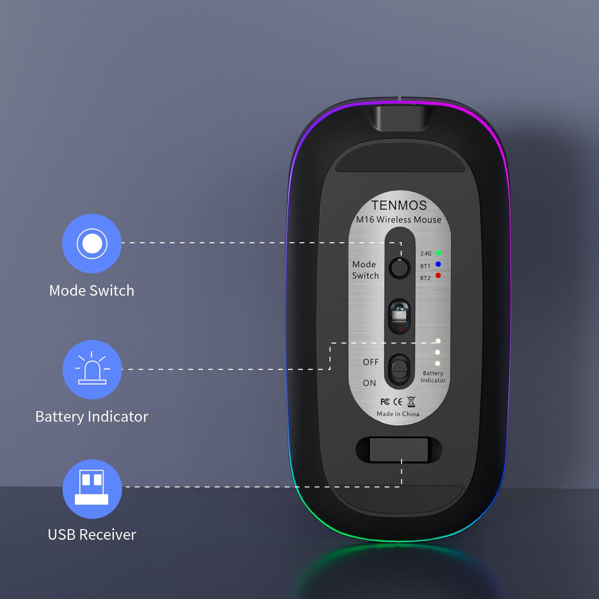 TENMOS Wireless Bluetooth Mouse, LED Slim (Bluetooth 5.1/5.0 + USB) 2.4GHz