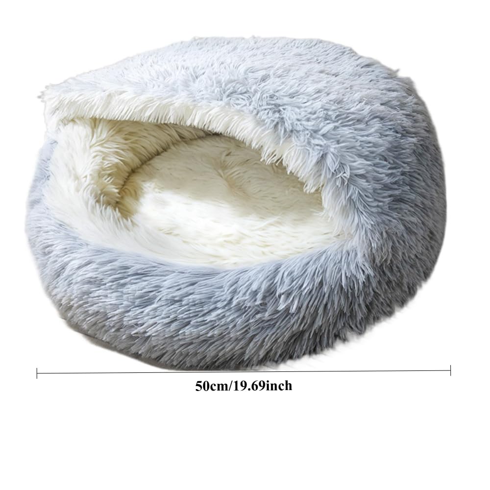 Hooded Cat Bed Cave Round Donut 19.69 inch Plush Anti-Anxiety Calming Dog Bed