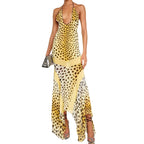 Caviotess Women’s Sexy Halter Backless Leopard Print Maxi Dress Irregular Hem