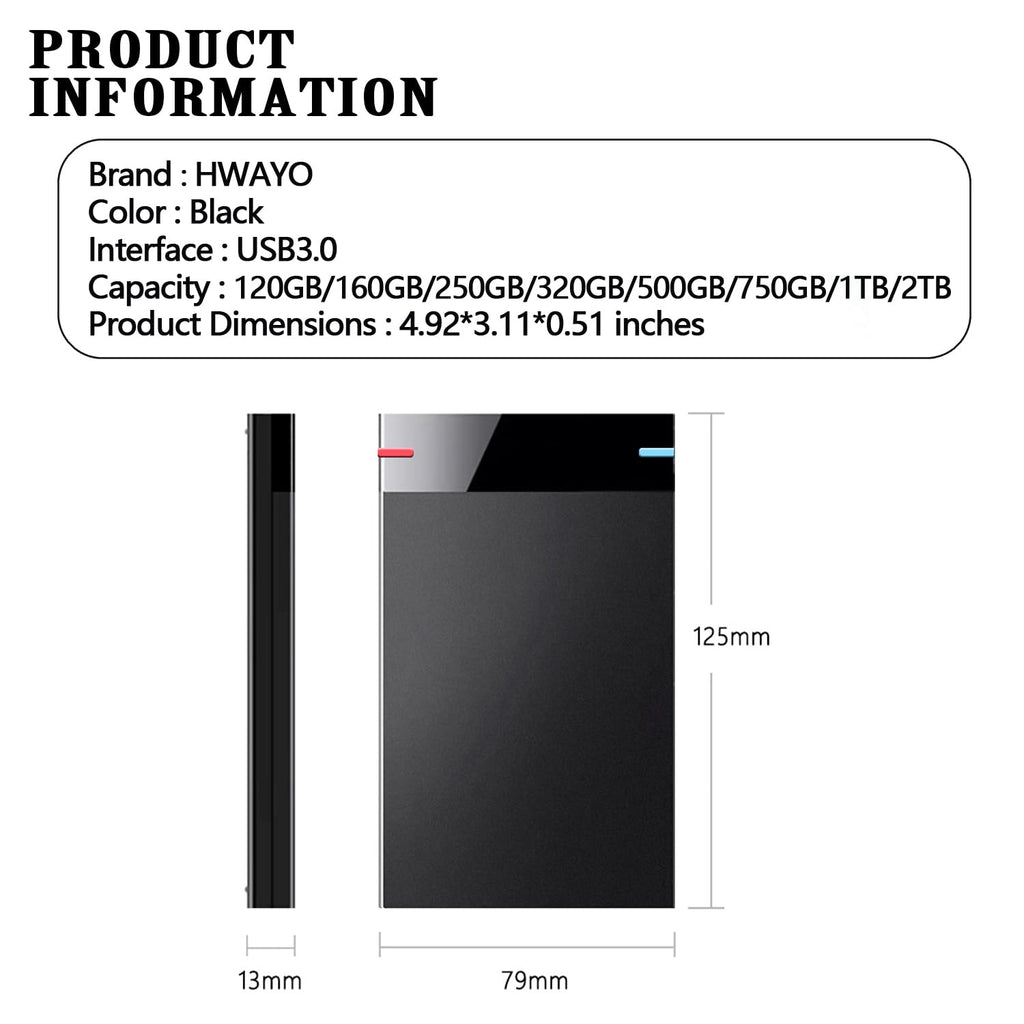 HWAYO 2.5'' 160GB Ultra Slim Portable External Hard Drive USB3.0 HDD Storage for