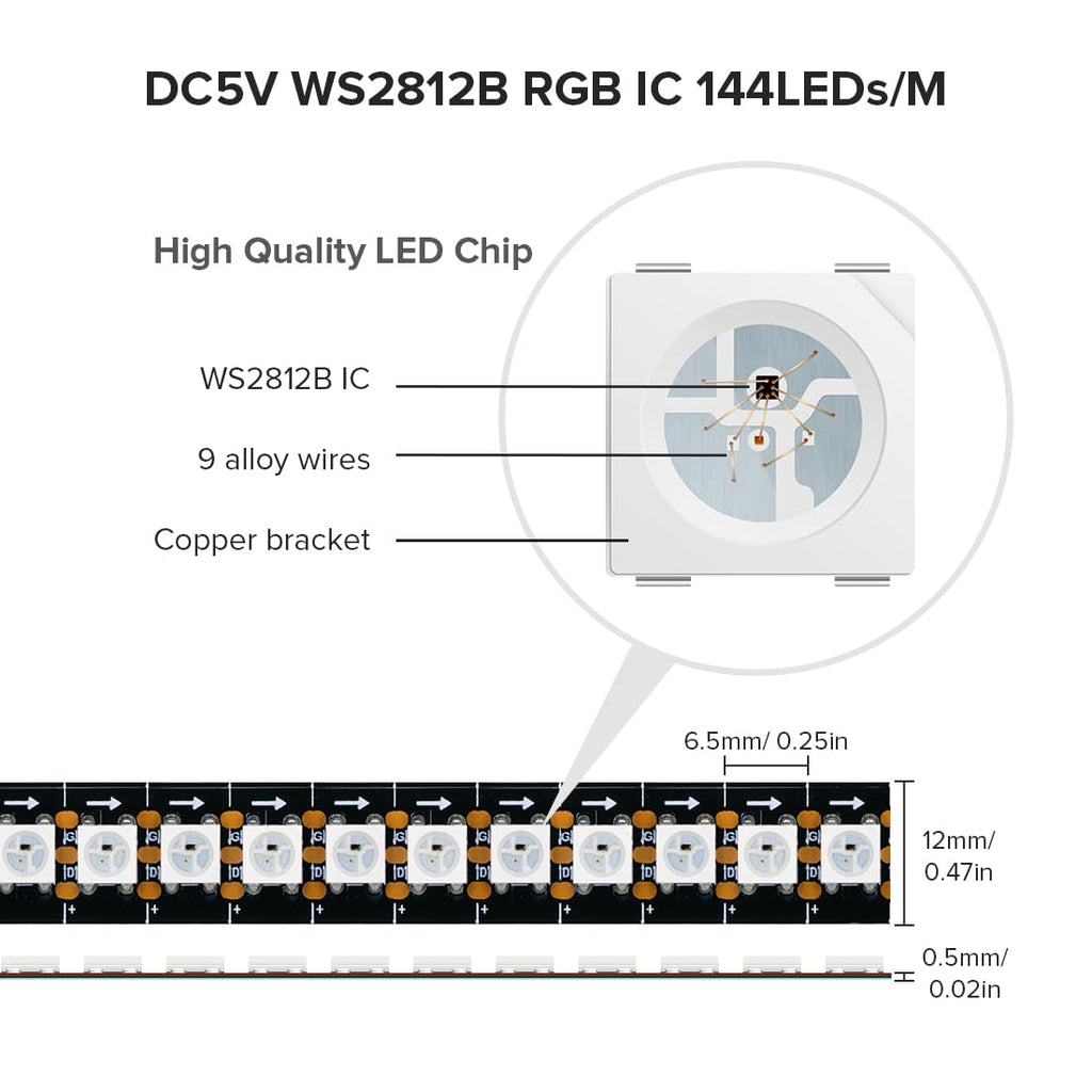 SEZO WS2812B LED Strip Light 3.3FT/1M 144LEDs/m Individually Addressable