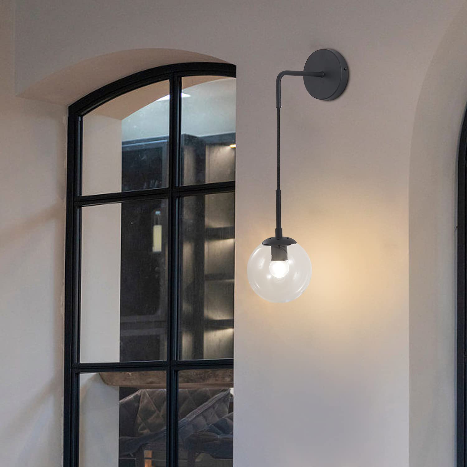 BOKT Mid Century Modern Black Wall Sconce Light Clear Glass Globe Ball Wall