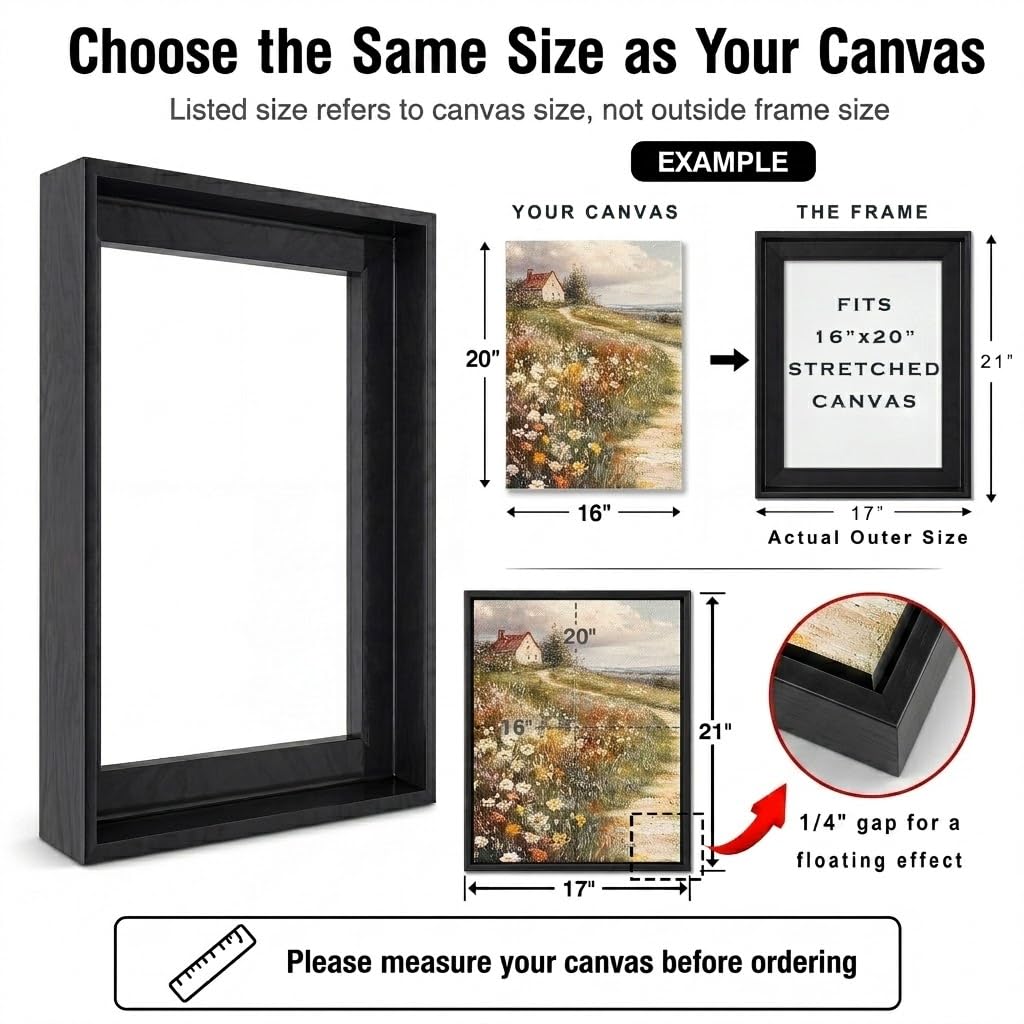 Canvas Floater Frame for Finished Canvas Art, 1.25" Deep Floating Shadow Gap