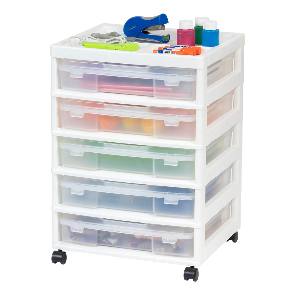IRIS USA 5 Drawers Scrapbook Plastic Rolling Storage Cart with Organizer Top