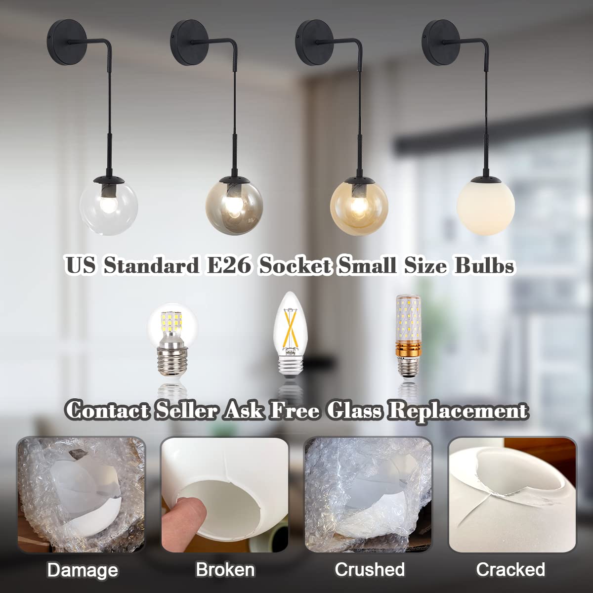 BOKT Mid Century Modern Black Wall Sconce Light Clear Glass Globe Ball Wall