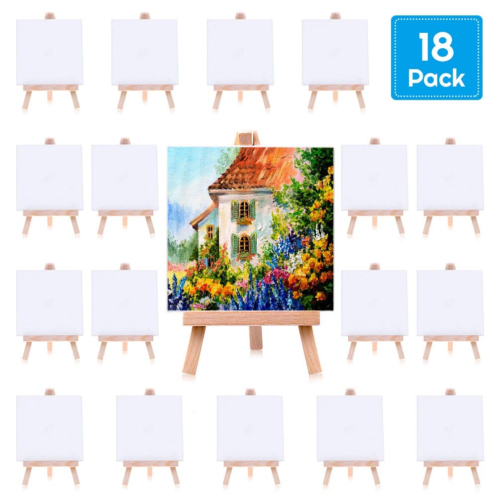 Mini Canvases 18 Pack 4x4 Inch with Easel Painting Kit Acrylic Oil Watercolor