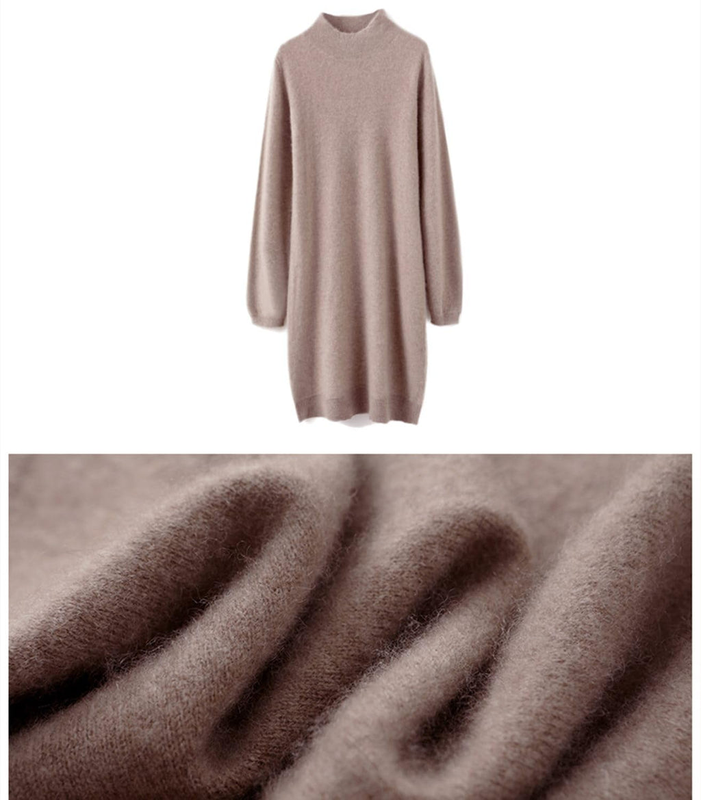 Ailaile 100% Merino Wool Sweater Dress Women's Long Sleeve Mock Neck Pullover
