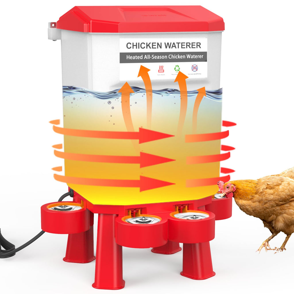 Heated Chicken Waterer 11L Anti-Freeze Poultry Drinker 4 Cups Dark Red