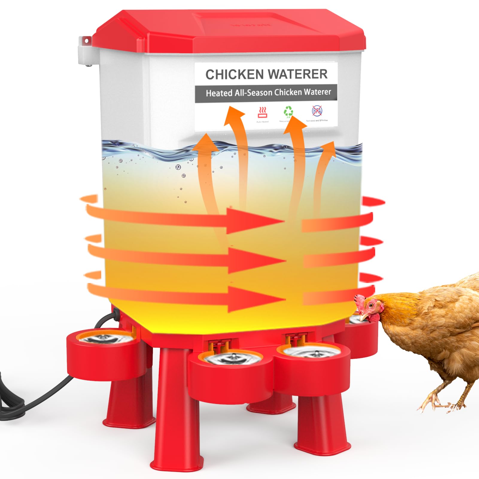 Heated Chicken Waterer 11L Anti-Freeze Poultry Drinker 4 Cups Dark Red
