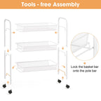 TOOLF 3-Tier Metal Rolling Cart Mesh Wire Storage Trolley Wheels 3 Hooks