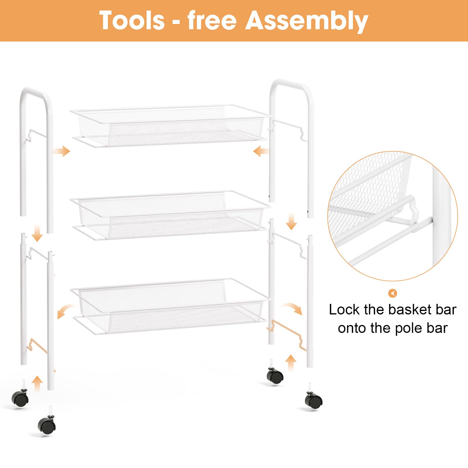 TOOLF 3-Tier Metal Rolling Cart Mesh Wire Storage Trolley Wheels 3 Hooks
