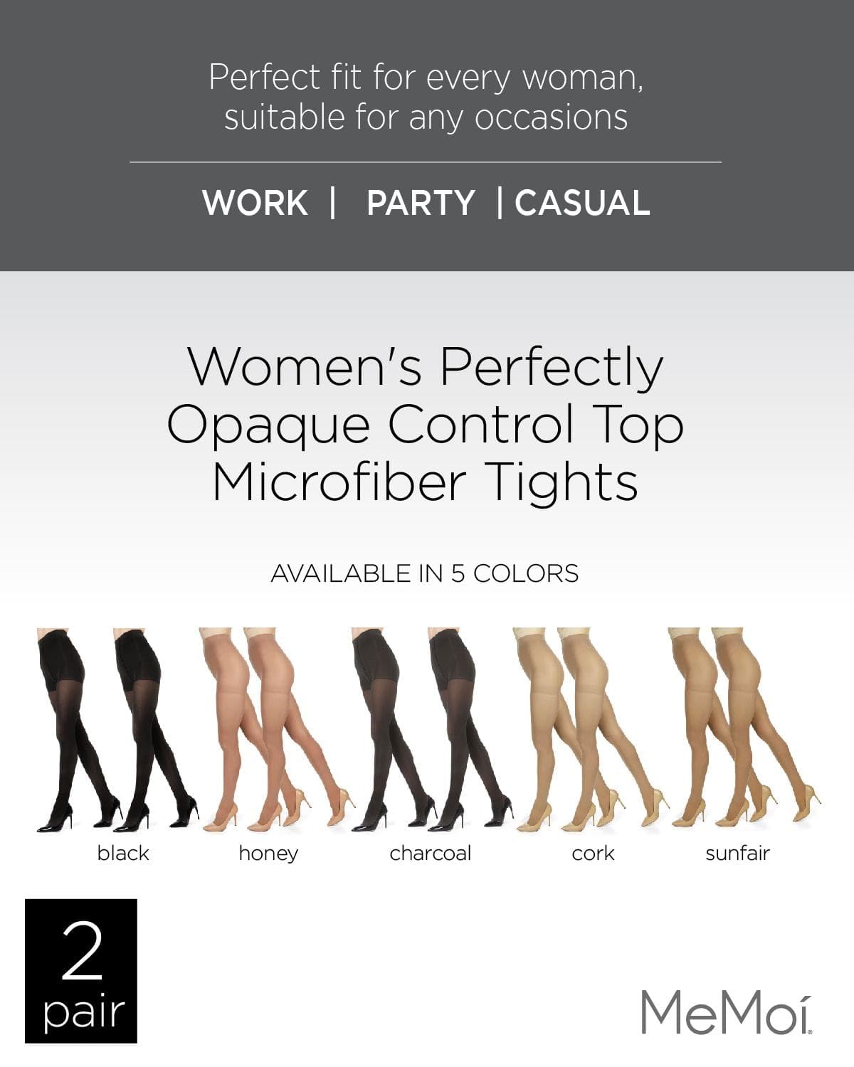 MeMoi 2 Pack Perfectly Opaque Tights, Microfiber Control Top Tights, Comfortable
