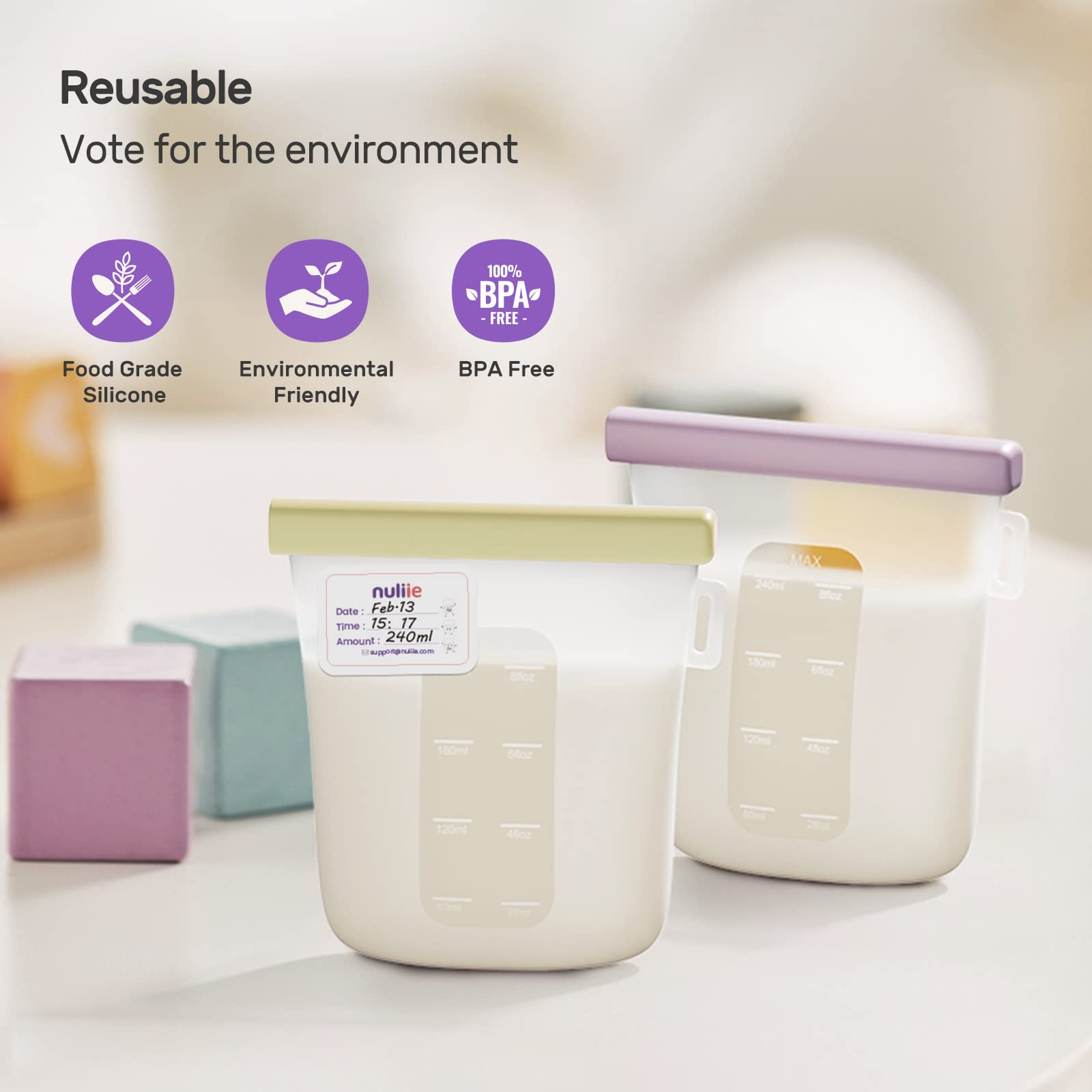 Nuliie 7 Pcs Silicone Breastmilk Storage Bags Reusable, 8oz/240ml Double