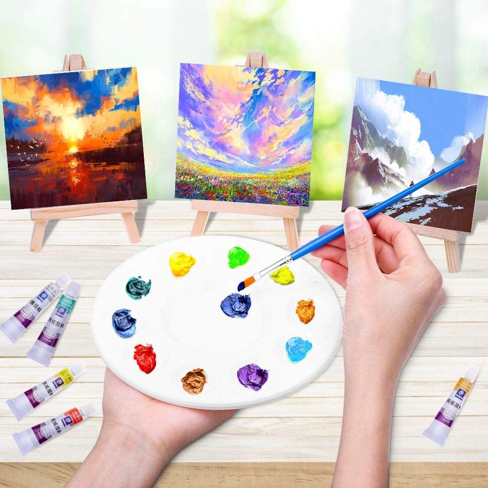 Mini Canvases 18 Pack 4x4 Inch with Easel Painting Kit Acrylic Oil Watercolor