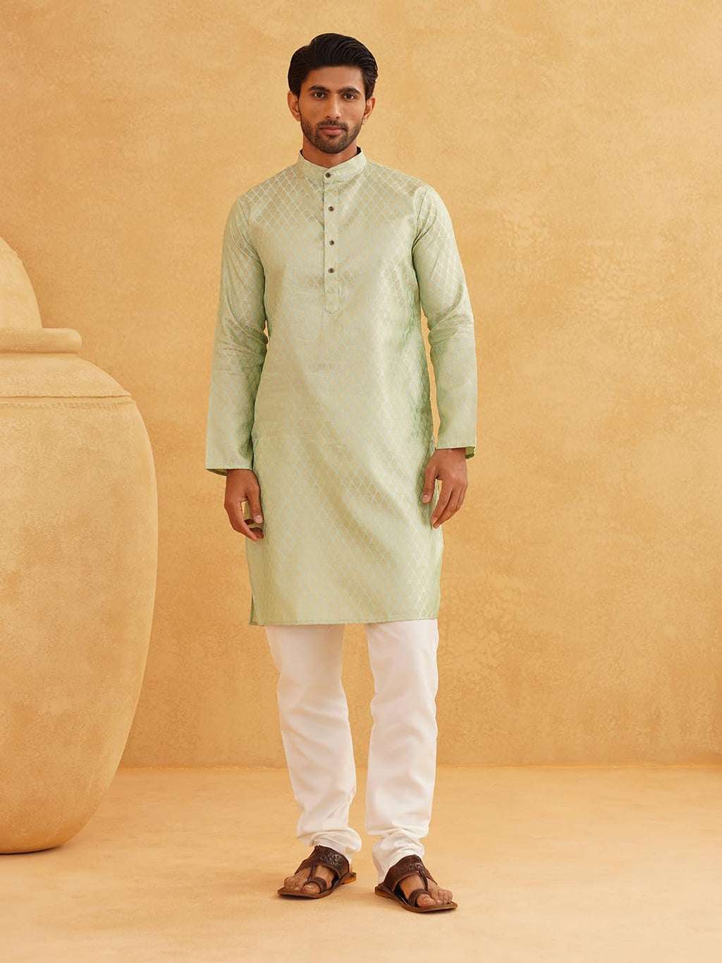 Sojanya (Since 1958 Men'S Jacquard Silk Pista Green Self Design Only Kurta, Size 38