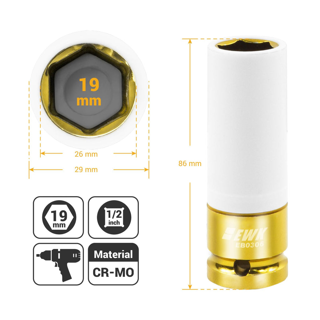 EWK 1/2 Inch Drive 19mm Lug Nut Socket, Thin Wall Impact Wheel Socket With Non