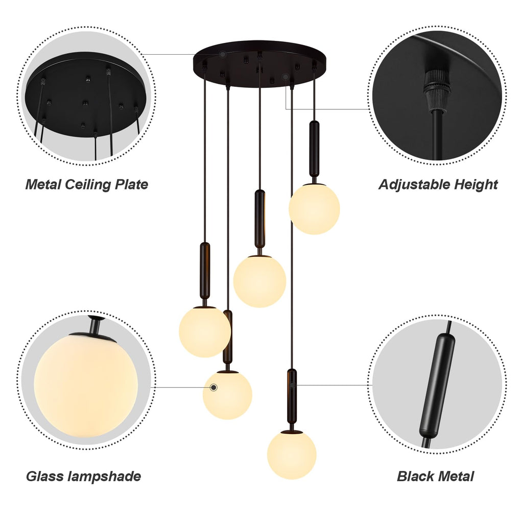 5 Light Black Globe Pendant Light Mid Century Modern Milk Glass Kitchen Island