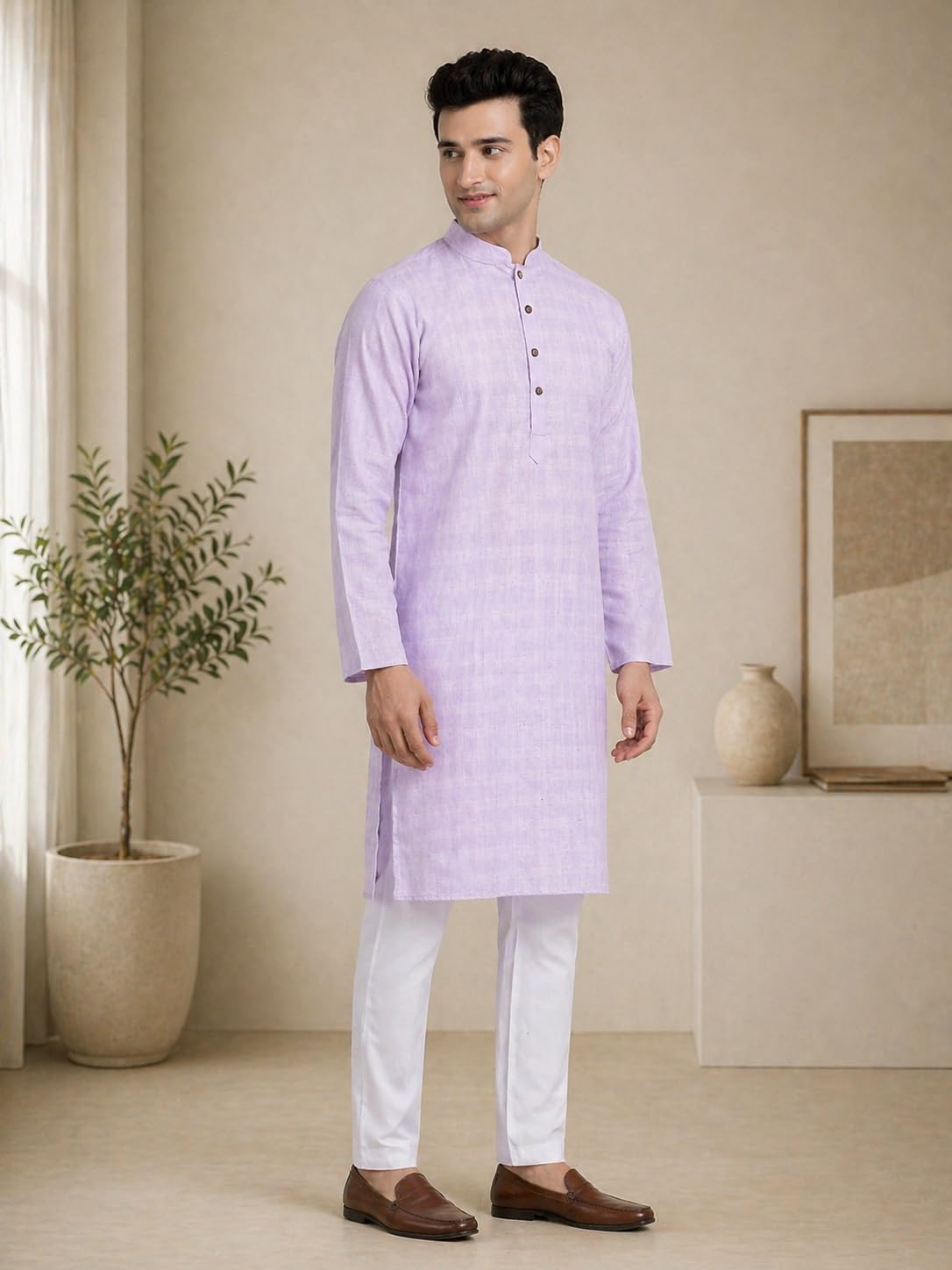 Sojanya (Since 1958 Men'S Cotton Linen Purple Checked Only Long Kurta, Size 40