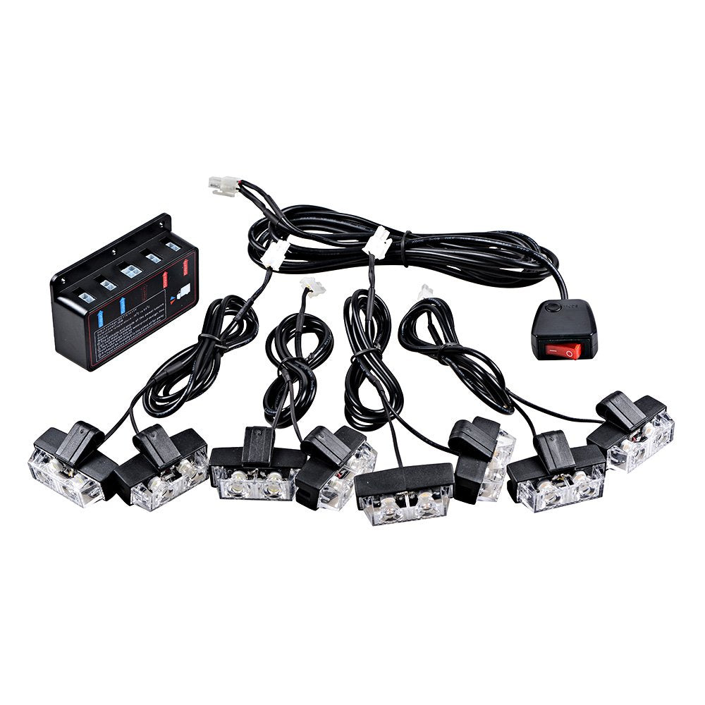NAAMOTOMOX 2-LED Emergency Warning Grille Flash Strobe Lights Bar with Clips + Control Box Kit (Amber White, 8 pcs)