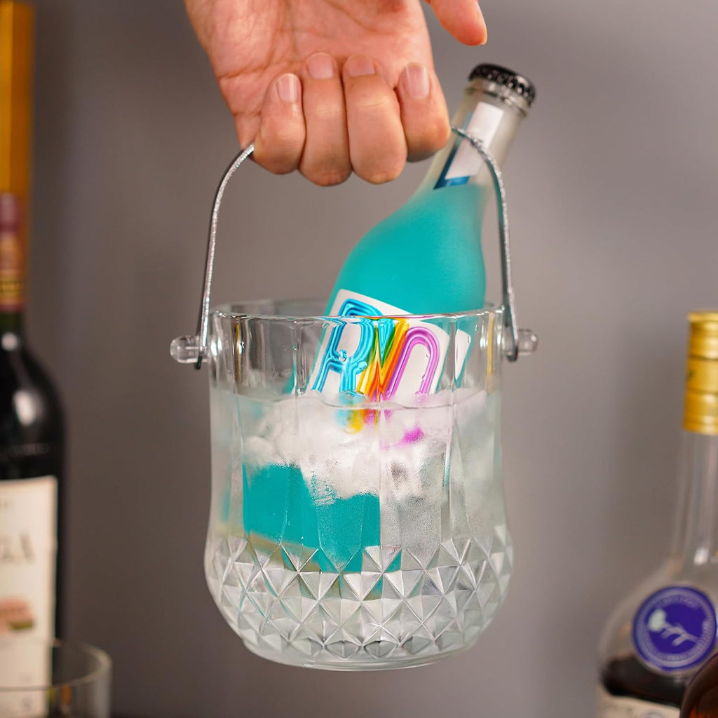 Glass Ice Bucket with Handle & Tongs 37oz Clear Crystal Champagne Cocktail