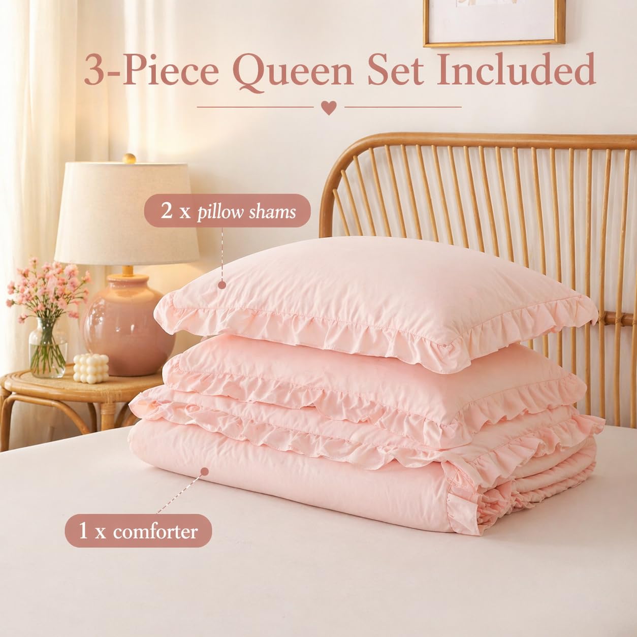 JANZAA Blush Pink Comforter Set Queen – Soft Microfiber, Lightweight All Season