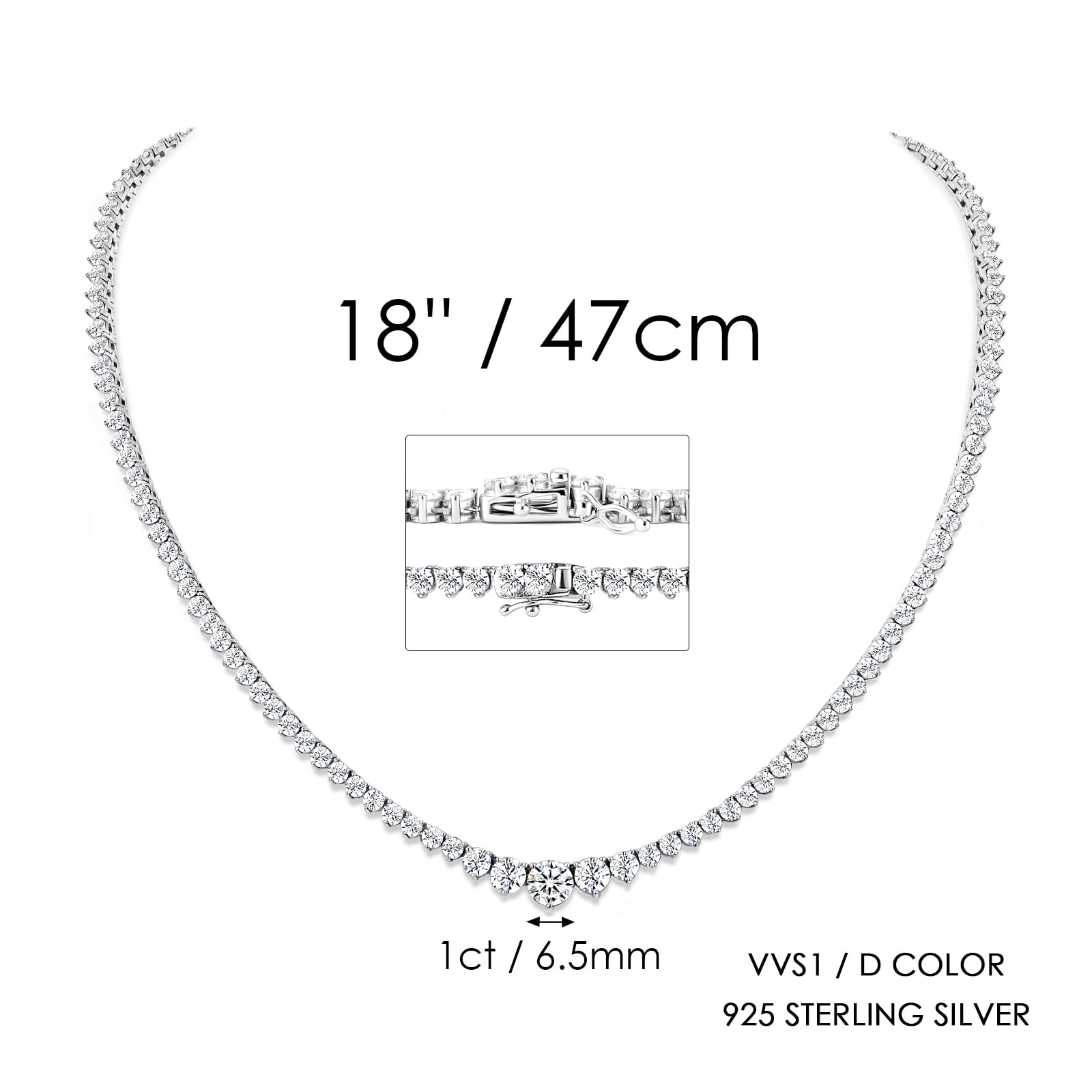 925 Sterling Silver Moissanite Tennis Chain Necklace 18" 14K White Gold Plated
