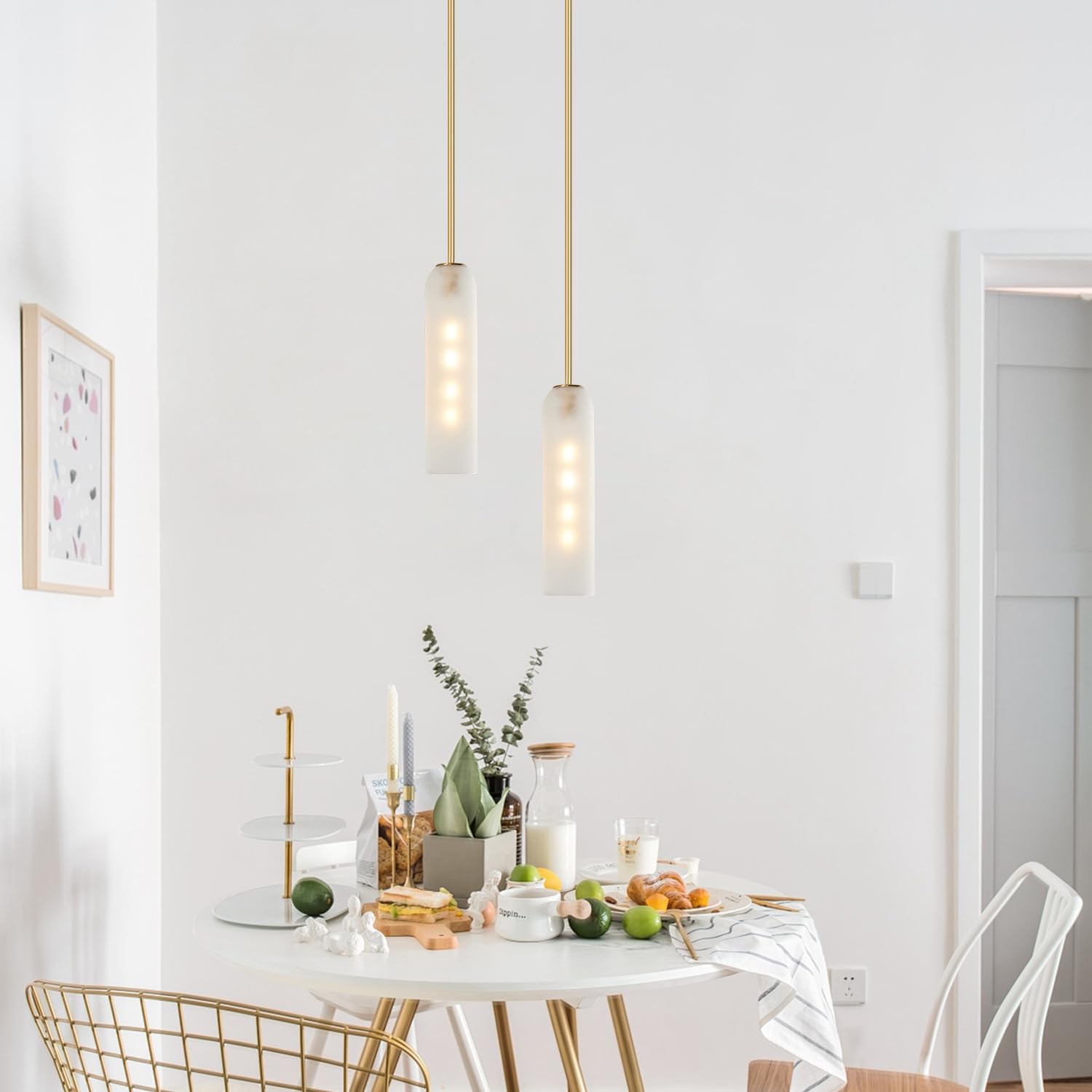 BOKT Gold Pendant Light Milk Glass Cylinder Hanging Lamp Brass Kitchen Island