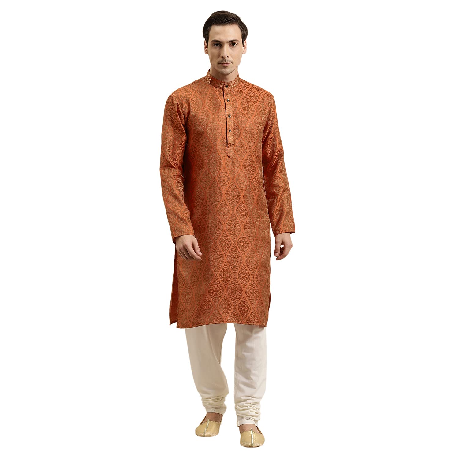 Sojanya (Since 1958 Men'S Jacquard Silk Orange & Gold Kurta & Off-White Churidar
