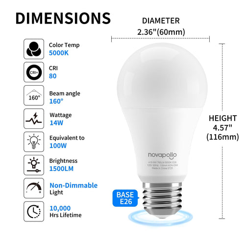 Novapollo LED Light Bulbs, A19 100 Watt Equivalent LED Bulbs, E26 Standard Base,