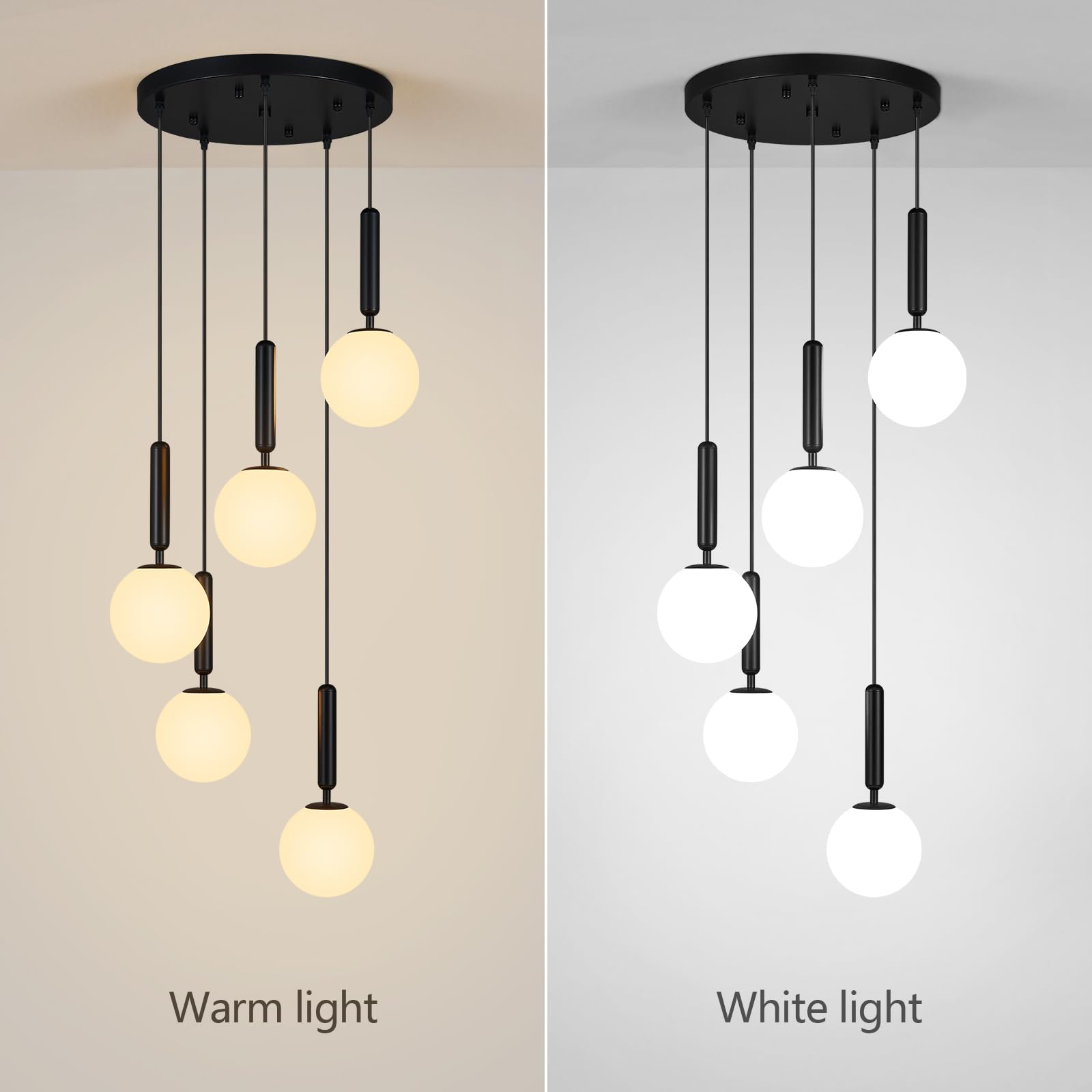 5 Light Black Globe Pendant Light Mid Century Modern Milk Glass Kitchen Island