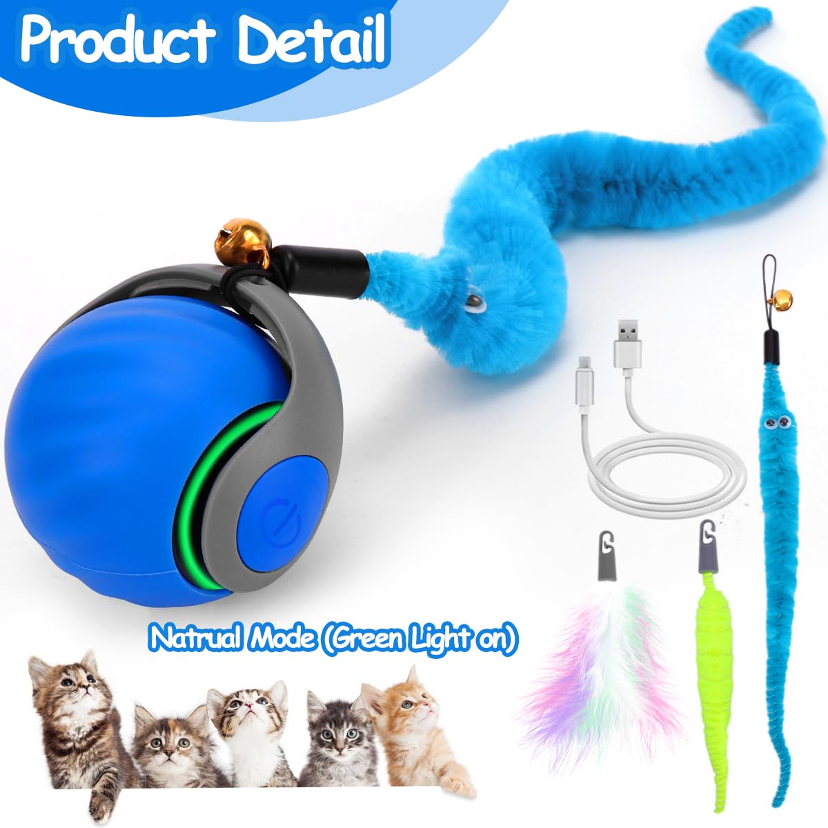 Interactive Cat Toy Ball - Speedy Cat Toys for Indoor Cats with Feather Tails