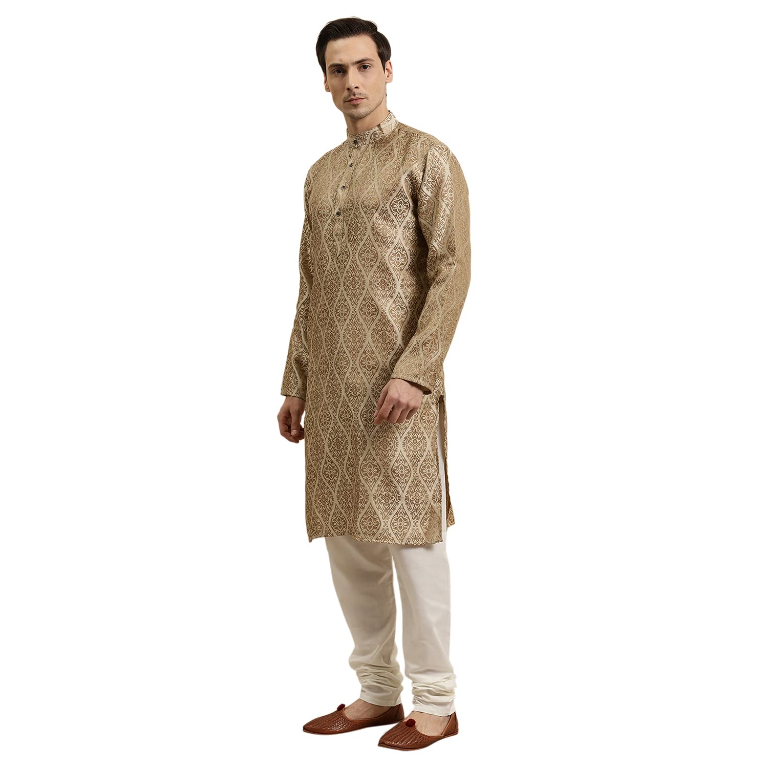 Sojanya (Since 1958 Men'S Jacquard Silk Beige & Gold Kurta, 3XL