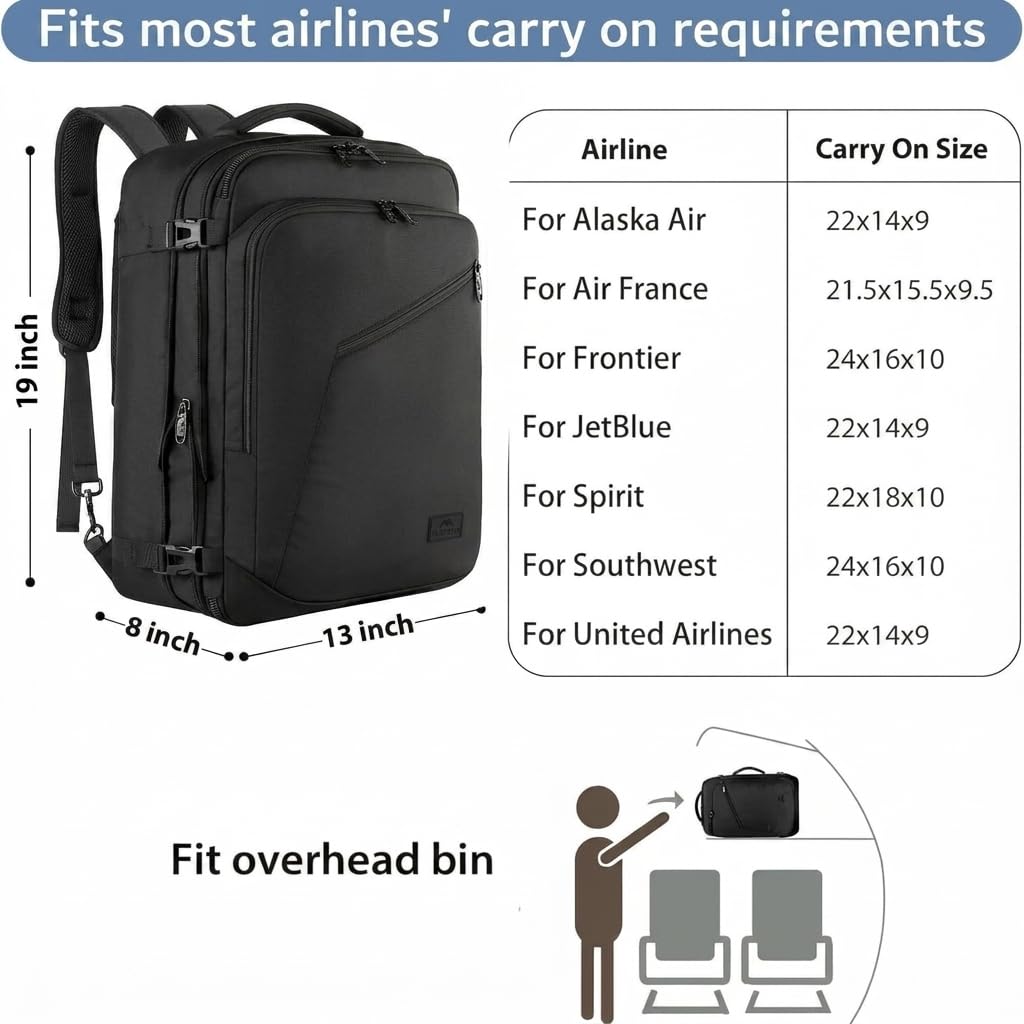 MATEIN 40L Carry On Travel Backpack Expandable Weekender Bag Black